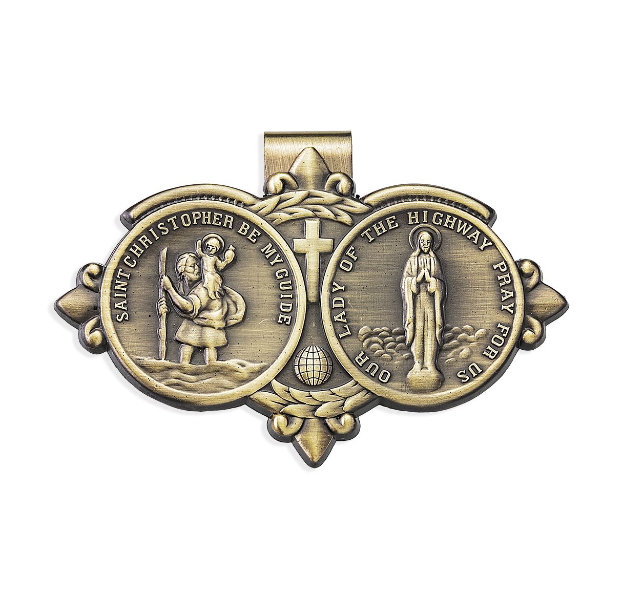 Saint Christopher and Our Lady of the Highway Auto Visor Clip in Brass