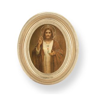3 1/2" x 4 1/2" Gold Oval Frame with a Chambers: Sacred Heart of Jesus Print-P65
