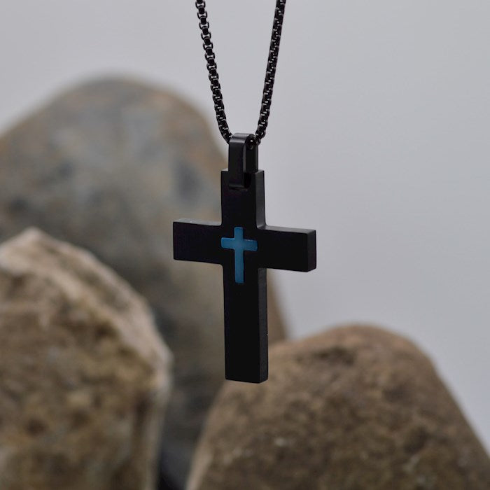 Cross Necklace: Black/Blue-Stainless Steel