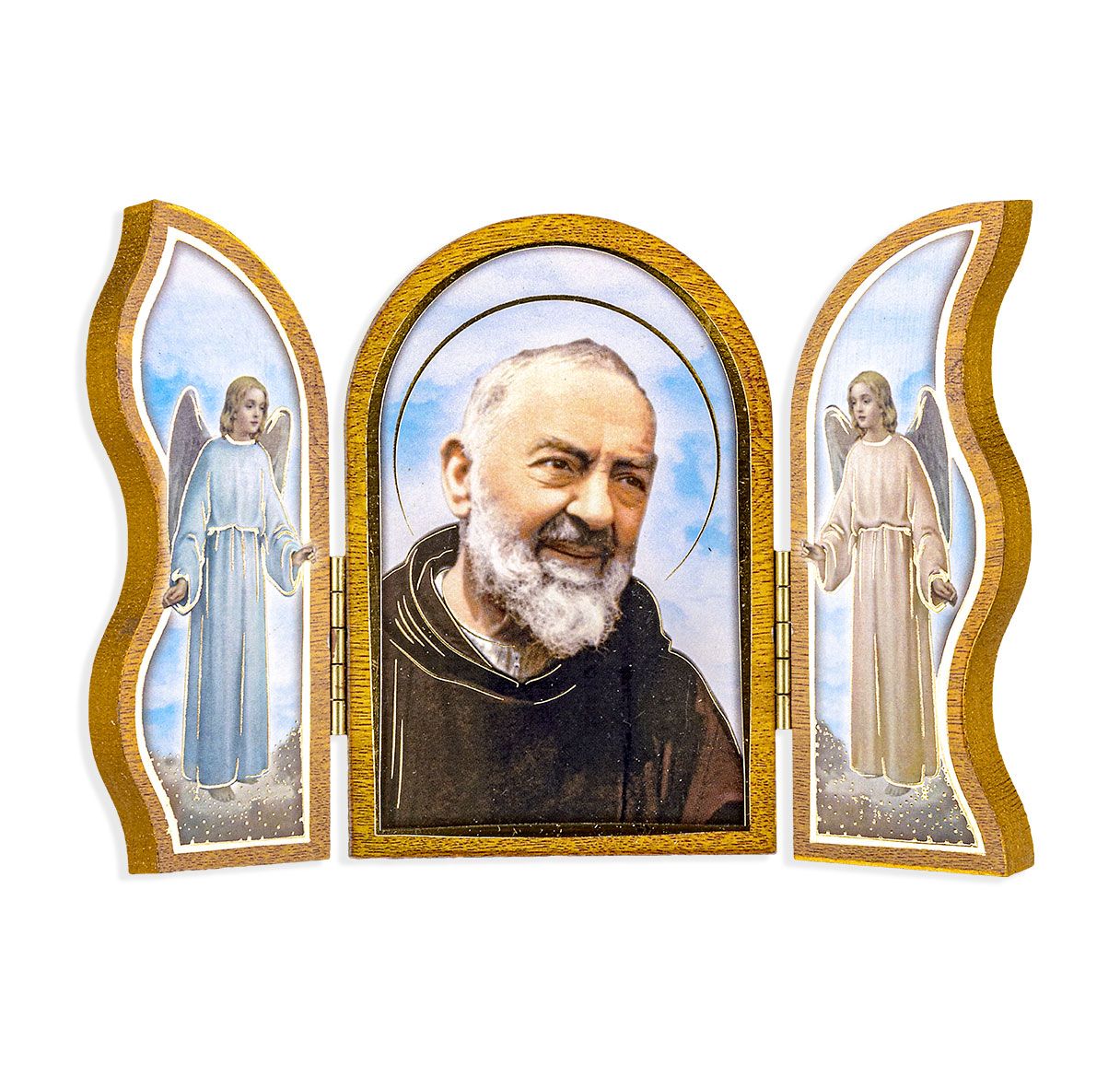 Padre Pio Standing Natural Wood Triptych