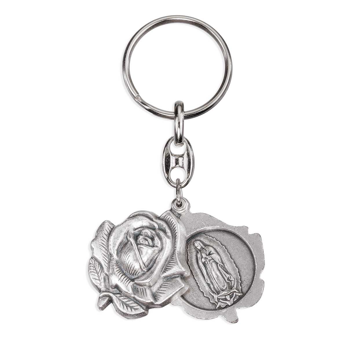 Silver Oxidized Double Rosebud Keychain with Divine Mercy and O.L. of Guadalupe
