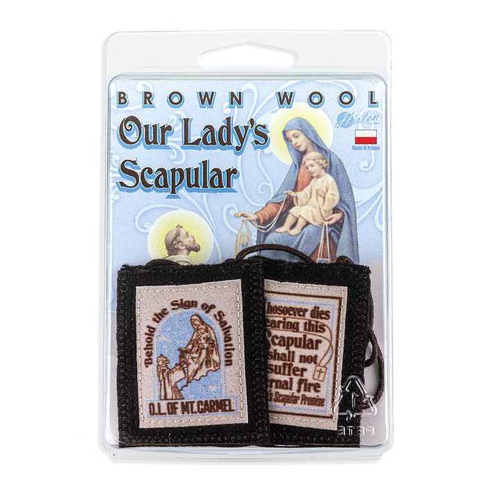 Our Lady of Mt. Carmel Brown Wool Scapular in Deluxe Packaging