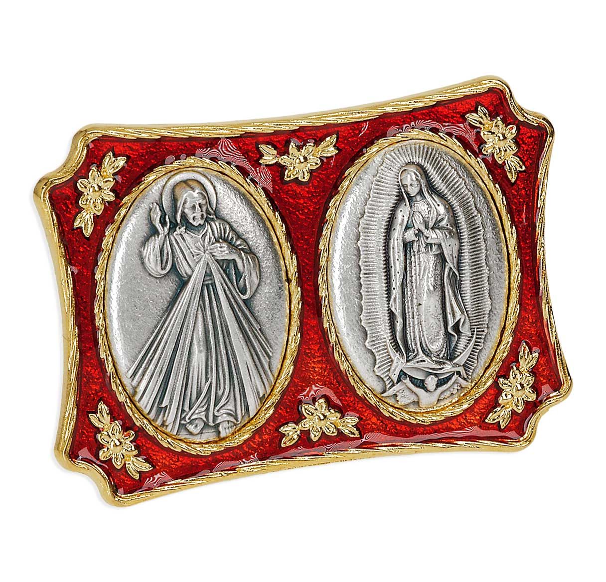 2 1/2" x 1 3/4" Divine Mercy and O.L. of Guadalupe Standing Plaque with Ruby Red Epoxy