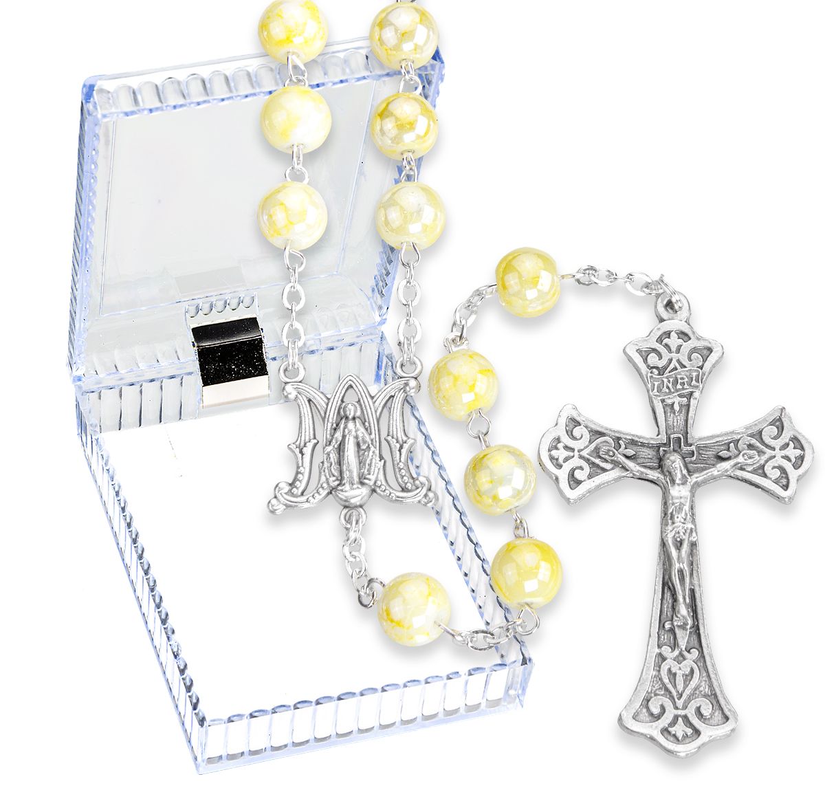 8mm Marbleized Glass Bead Rosary, Boxed