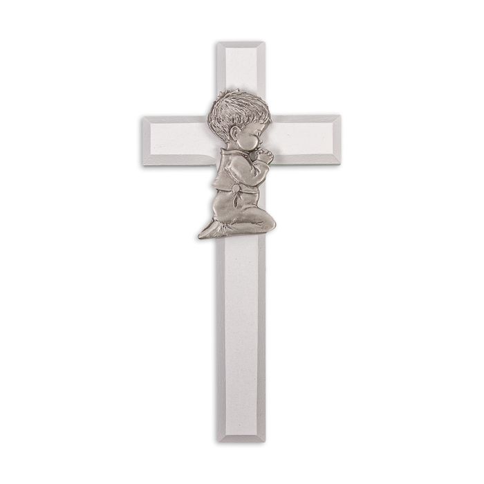7" White Wooden Cross with pewter Baby Boy