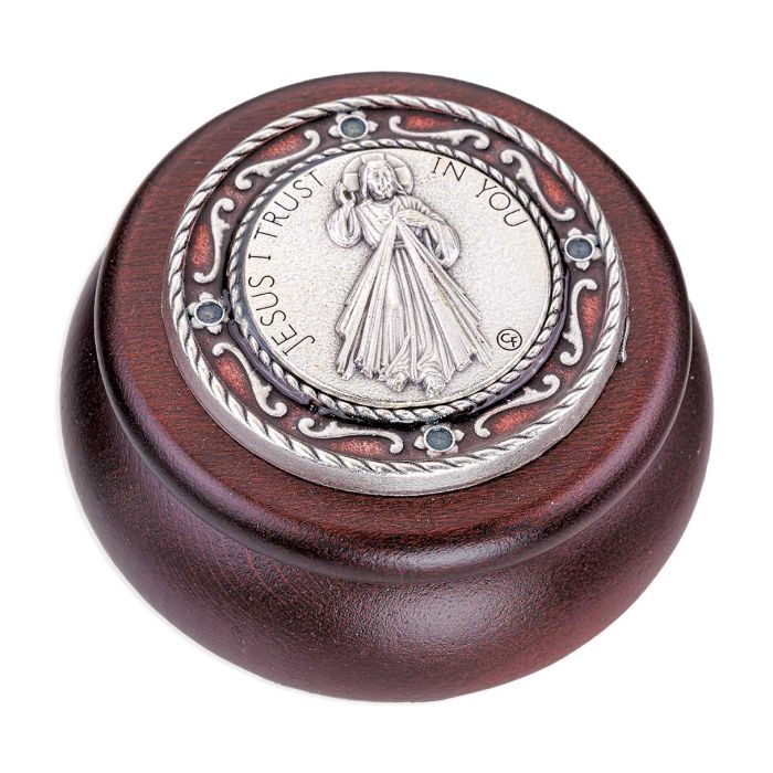 Divine Mercy Wood & Red Epoxied Silver Metal Keepsake Box