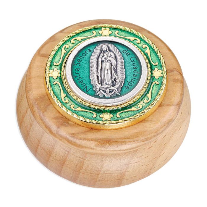 Our Lady of Guadalupe Wood & Green Epoxy with Gold Details Metal Keepsake Box