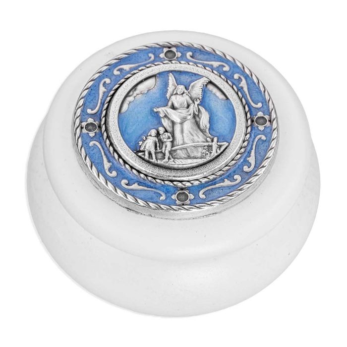 Guardian Angel White Wood & Blue Epoxied Silver Metal Keepsake Box