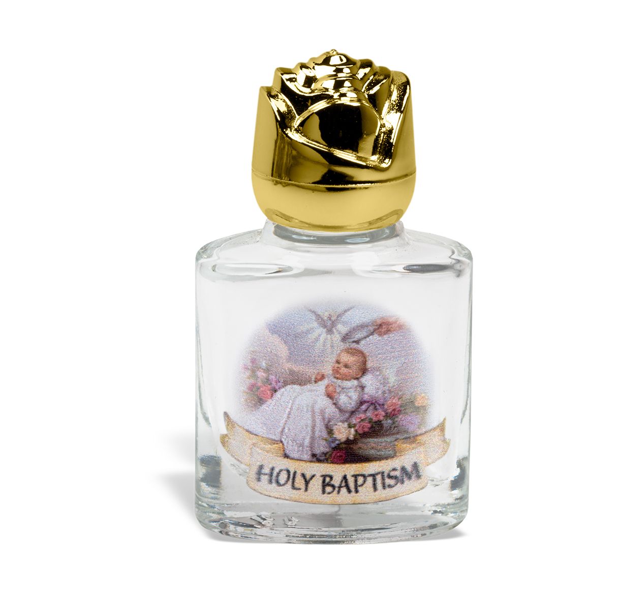 8 ml. 2" Glass Baptism Holy Water Bottle with Gold Rose Cap