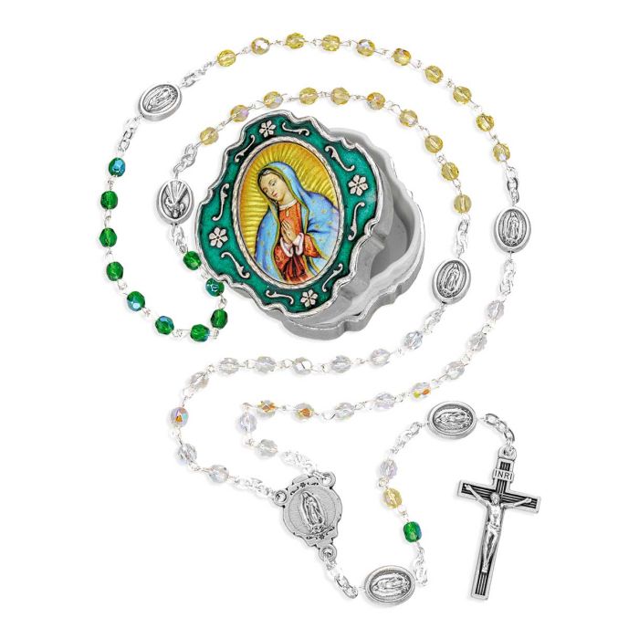 4mm Multi Colored Glass Bead Our Lady of Guadalupe Rosary in Relief Metal Keepsake Box