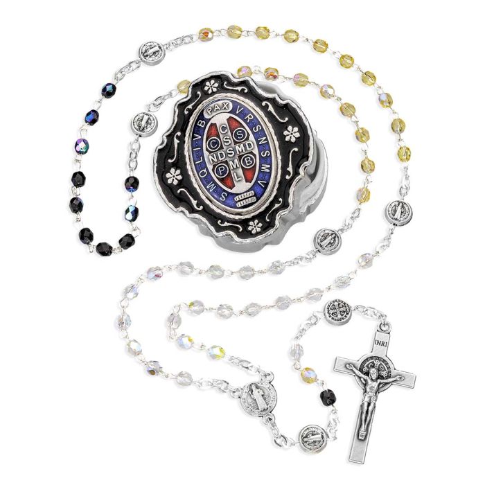 4mm Multi Colored Glass Bead Saint Benedict Rosary in Relief Metal Keepsake Box
