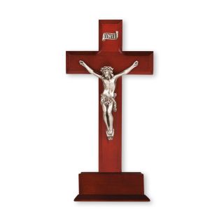 10" Dark Cherry Wood Crucifix on base with Antiqued Fine Pewter Corpus