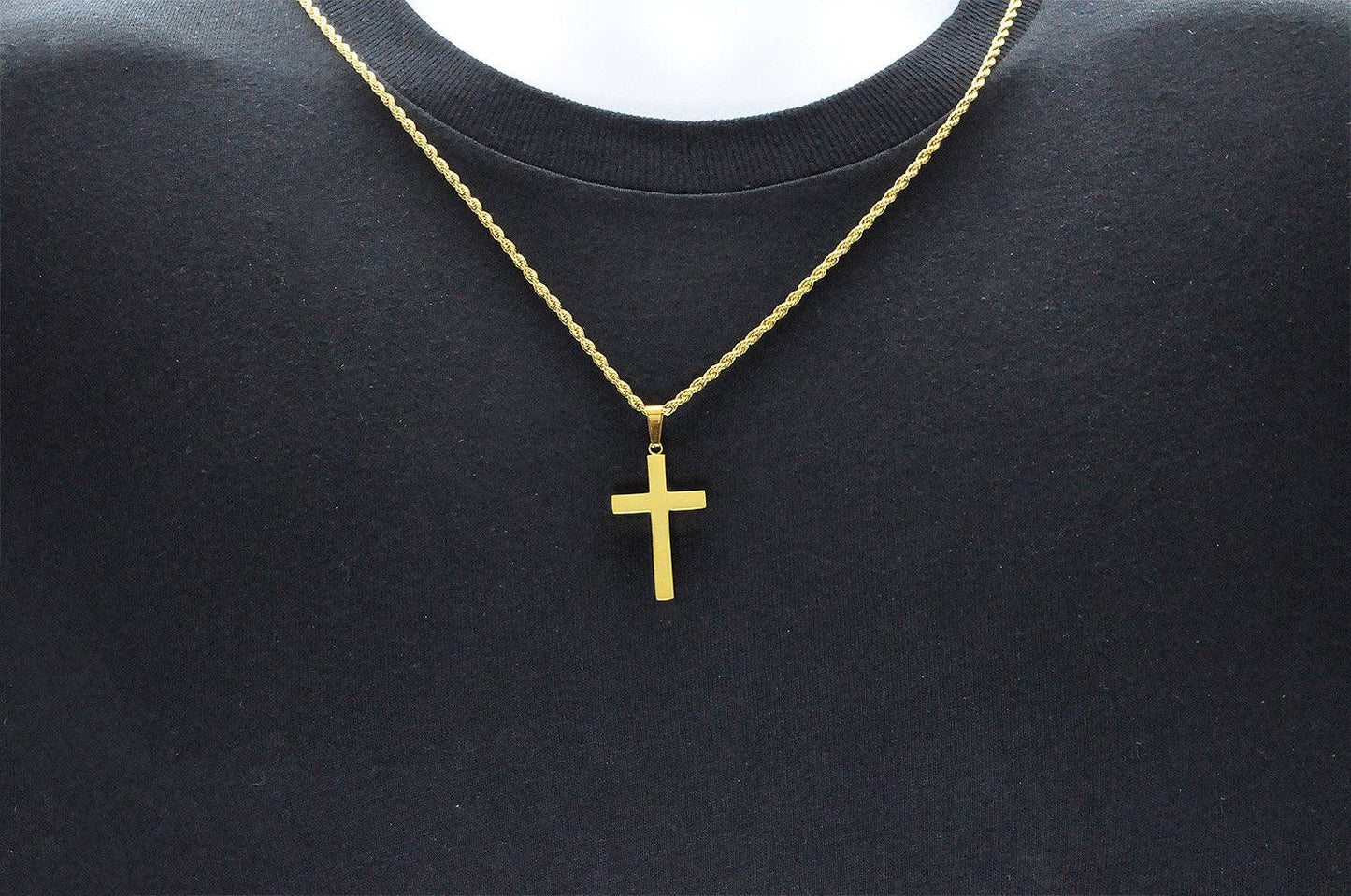 Men's Gold Stainless Steel Cross Pendant With 24" Rope Chain