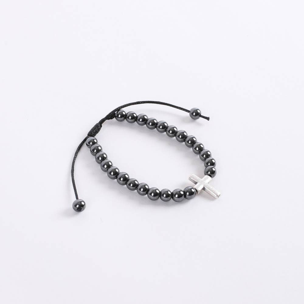 Bracelet - Hematite Beads with Cross - Adjustable