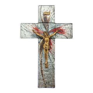 10" Shimmering Silver Glass Cross with Museum Gold Tone Corpus-P65