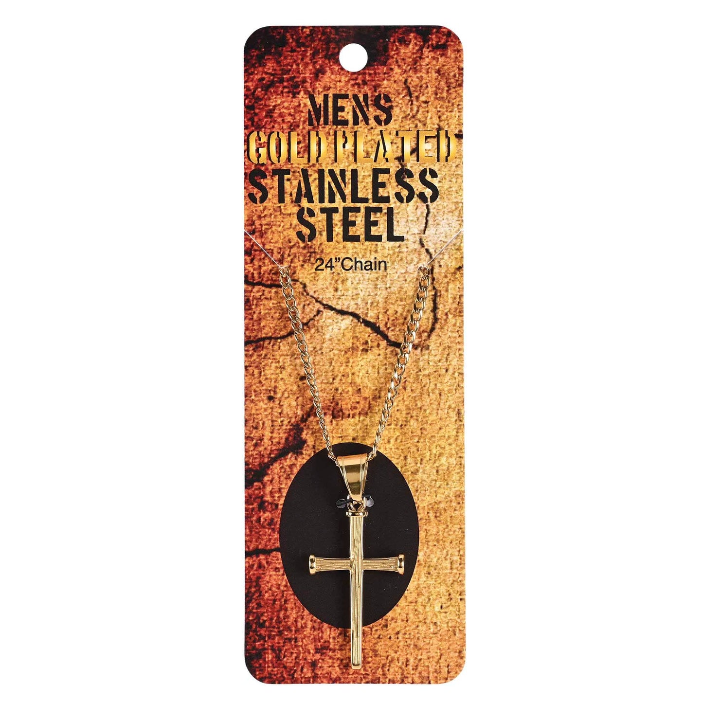 Gold Plated Stainless Steel Textured Nail Cross Necklace