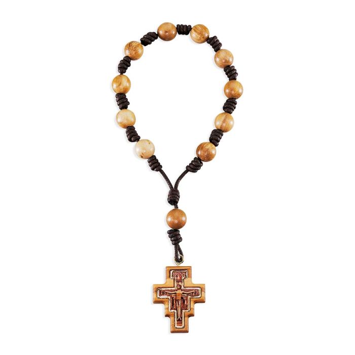 One Decade Rosary Olive Wood Beads and San Damiano Cross