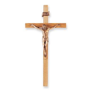 11" Oak Wood Cross with Museum Gold Finish Corpus