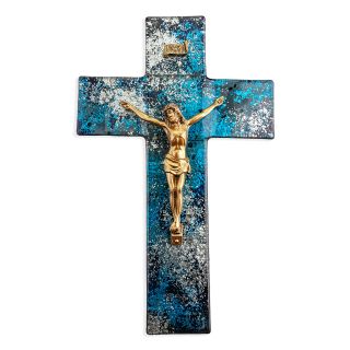 10" Blue and Silver Shimmer Pattern Glass Cross with Museum Gold Tone Crucifix-P65
