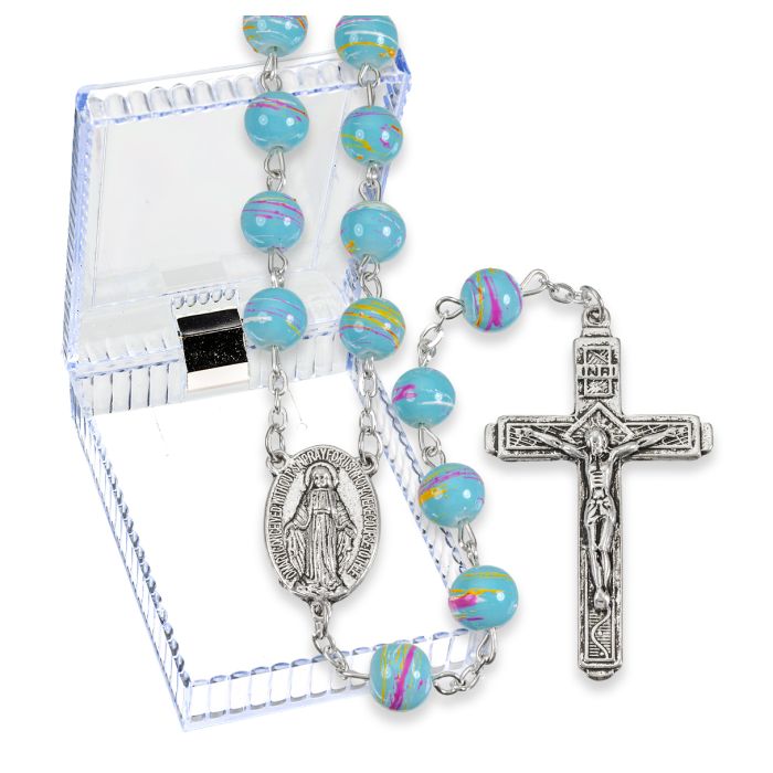8mm Aqua Colored Swirled Glass Rosary