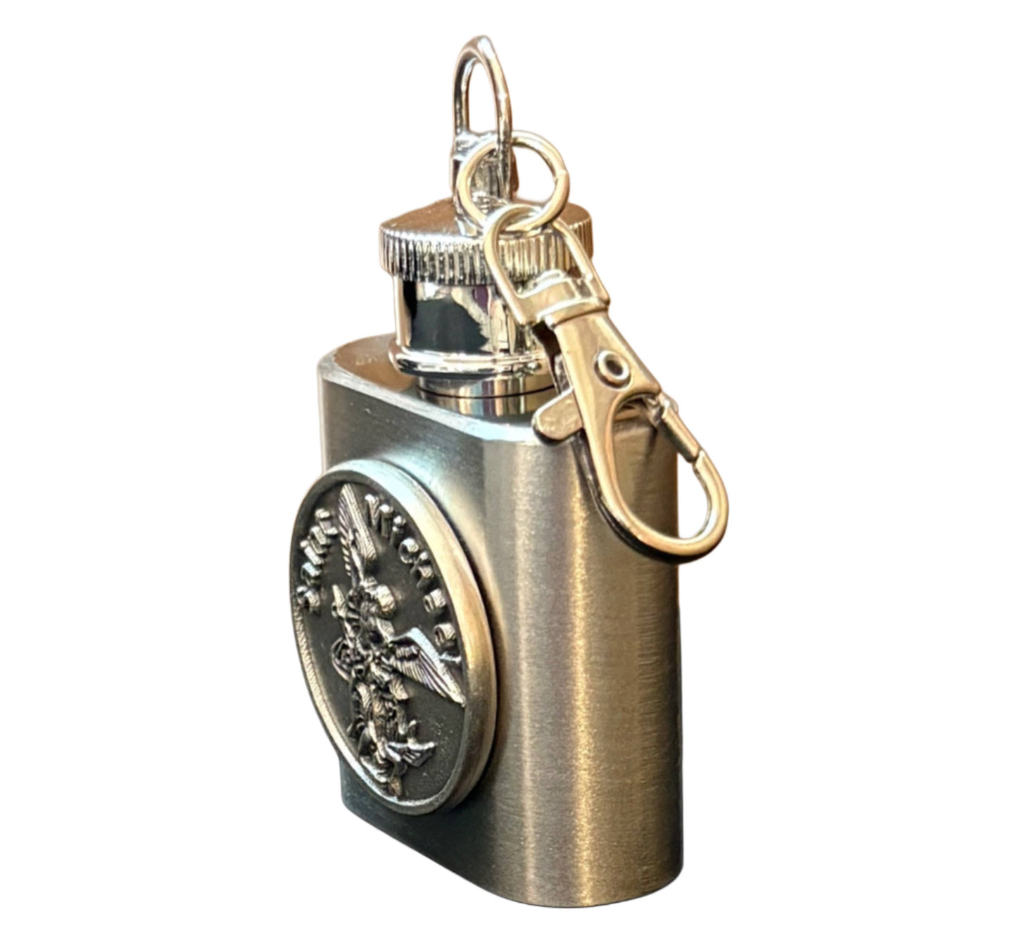 Saint Michael Token Holy Water Flask SS w/ Keychain 1 oz