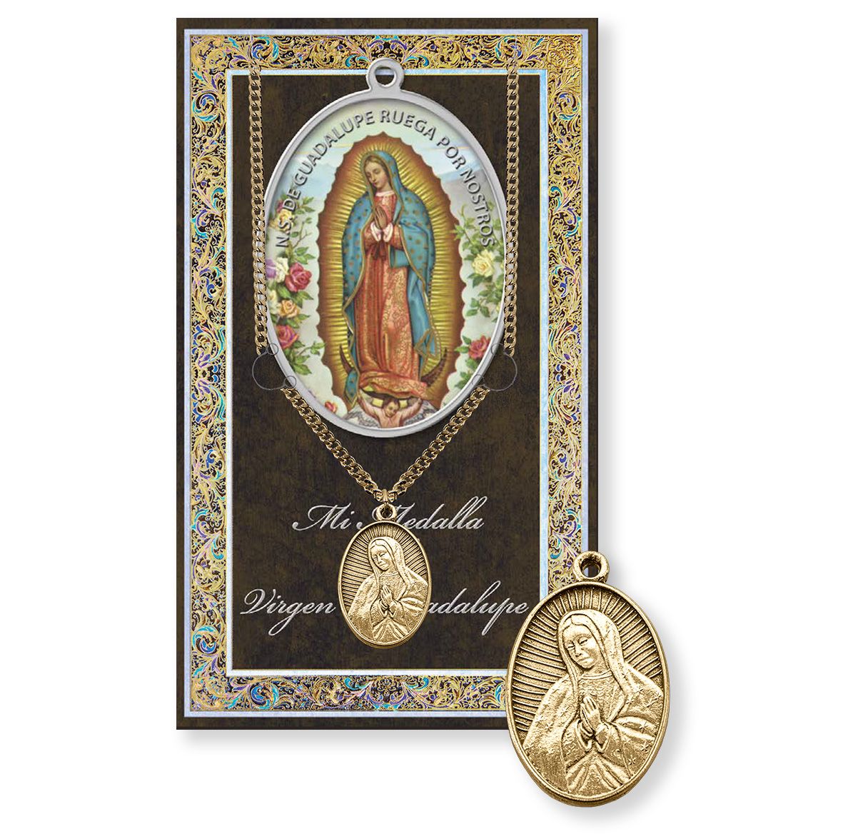 Our Lady of Guadalupe Gold Plated Medal on a 24" Chain with Biography and Picture Folder in Spanish