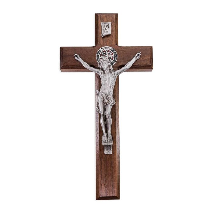 10" St. Benedict Solid Walnut Crucifix Made with Genuine Pewter Corpus & Medal