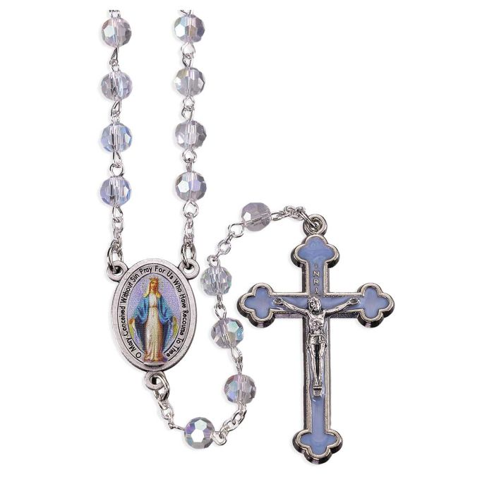 Aurora Crystal Tin Cut Bead Rosary Light Blue