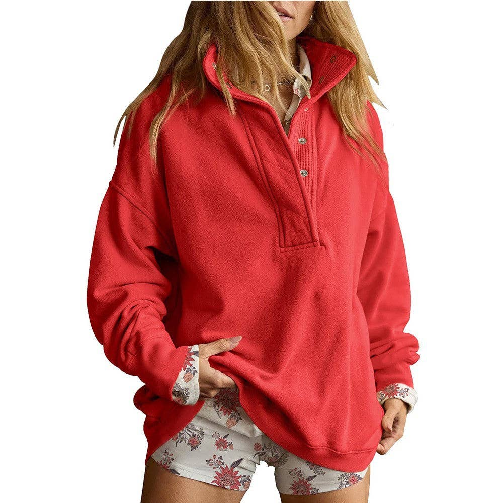 Solid Fleece Sweatshirt Casual Oversized Snap Collar
