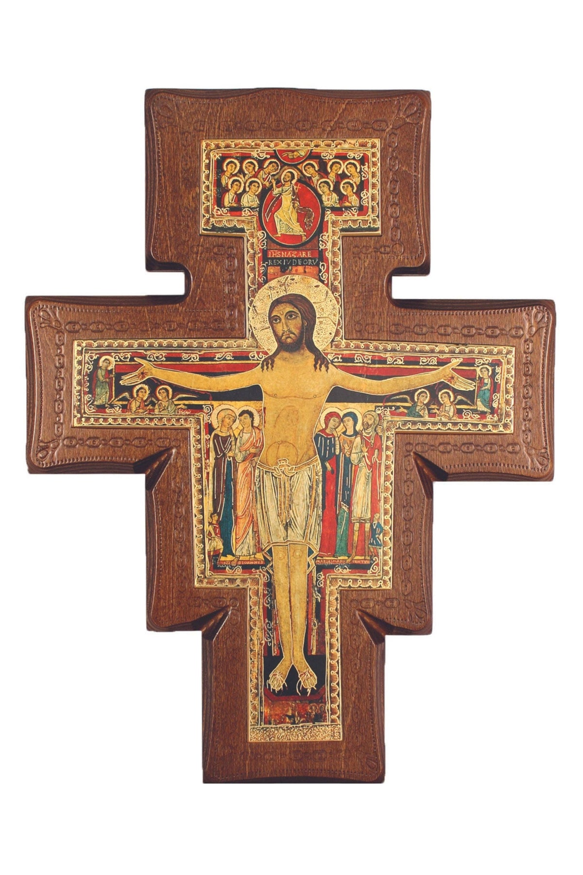 San Damian Cross on Walnut Stained Boarder 11.5"