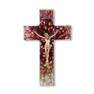 10" Gold and Silver Random Speck Red Tone Glass Cross with Museum Gold Corpus-P65