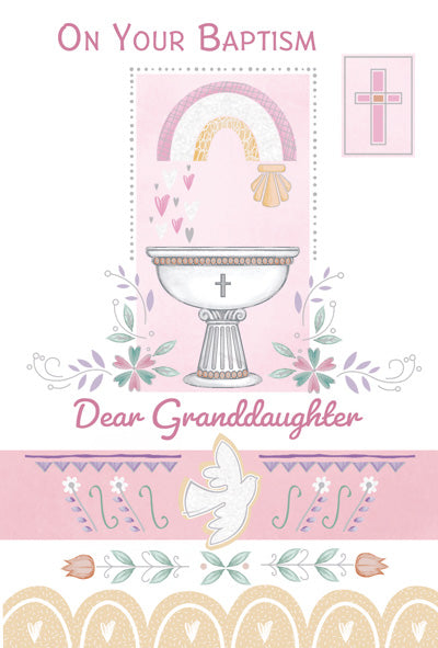 Size: 4 5/8 x 6 3/4 Finish: gold pearl & embossed As you begin a new life in Christ through Baptism may God bless you with peace and joy. Congratulations! 1 Corinthians 12:13