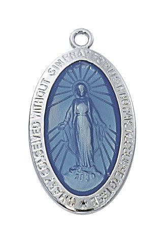 Sterling Silver Miraculous Medal Blue Enamel 18" Chain