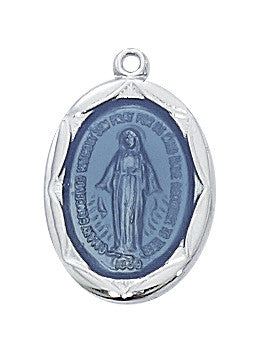 Sterling Silver Miraculous Medal with Blue Epoxy 18" chain