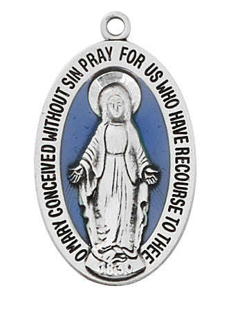 Sterling Silver Miraculous Medal with blue epoxy 20" chain