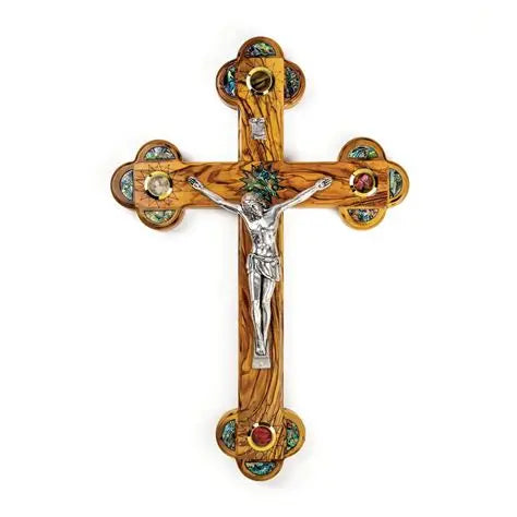 Holy Land Olive Wood Wall Cross with Mother of Pearl and Elements