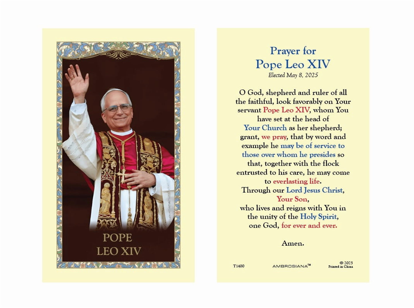 Pope Leo XIV Laminated Prayer Card