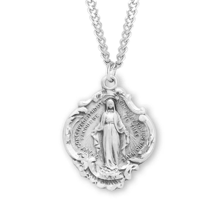 Sterling Silver Large Baroque Miraculous Medal 24" Chain