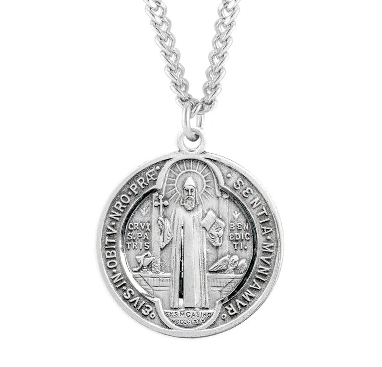 Sterling Silver Large Saint Benedict Medal 24" Chain
