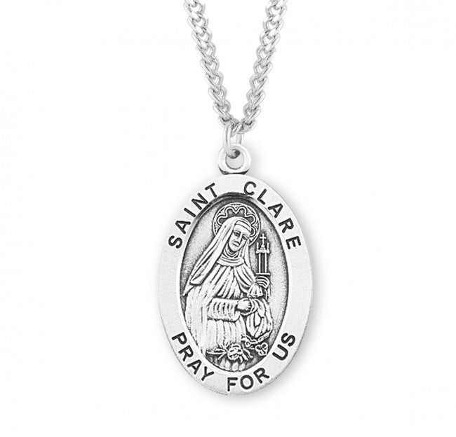 Sterling Silver Large Saint Clare Medal 24" Chain