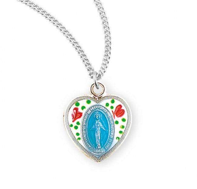 Sterling Silver Miraculous Medal Heart with Blue Epoxy and Flowers