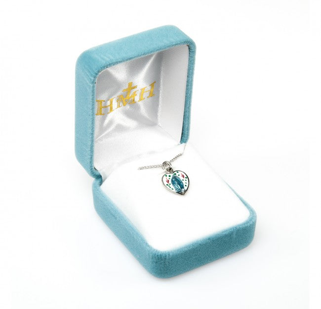 Sterling Silver Blue Enameled Miraculous Heart w/Flowers 16" Chain