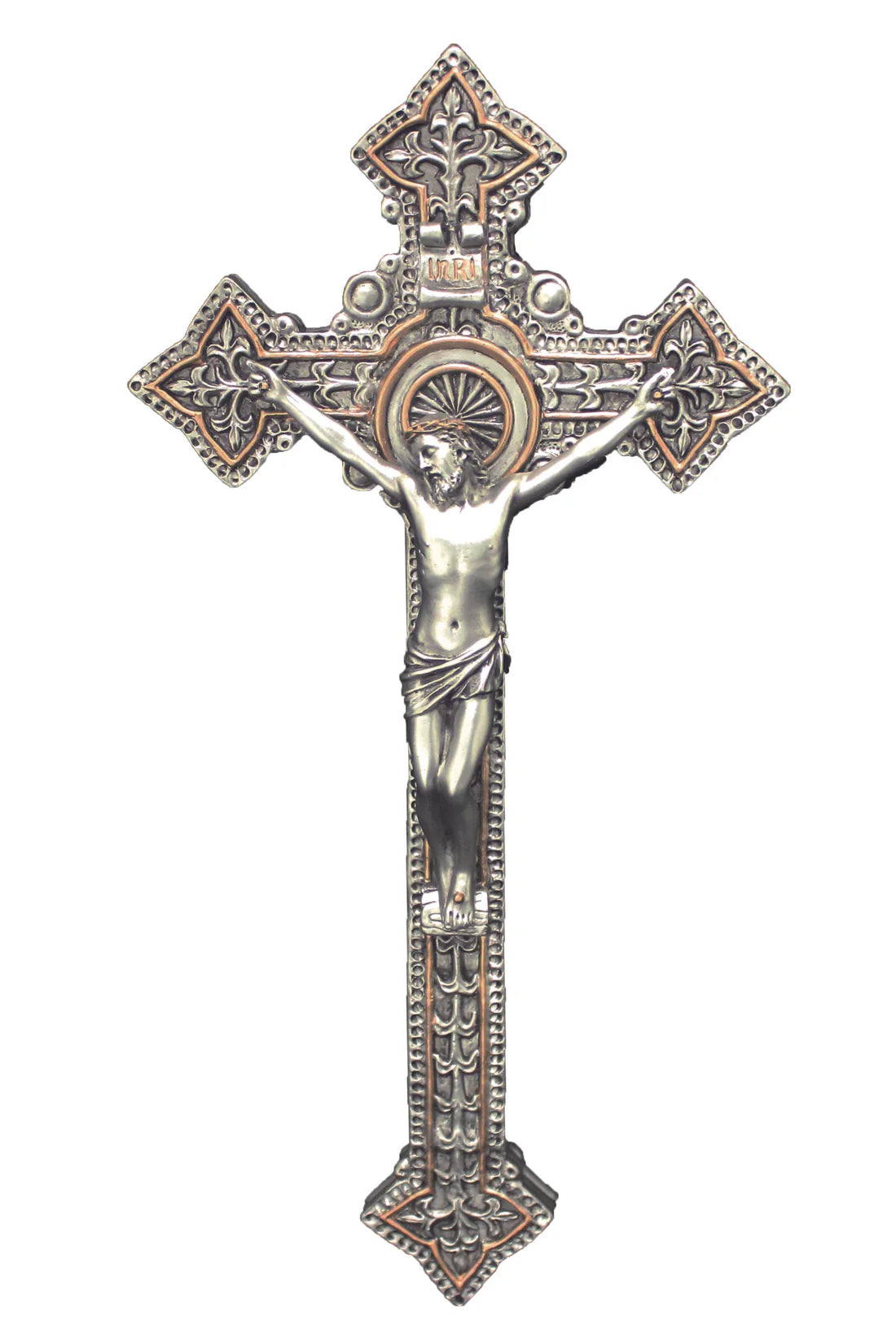 Crucifix in pewter style finish with gold highlights 9"