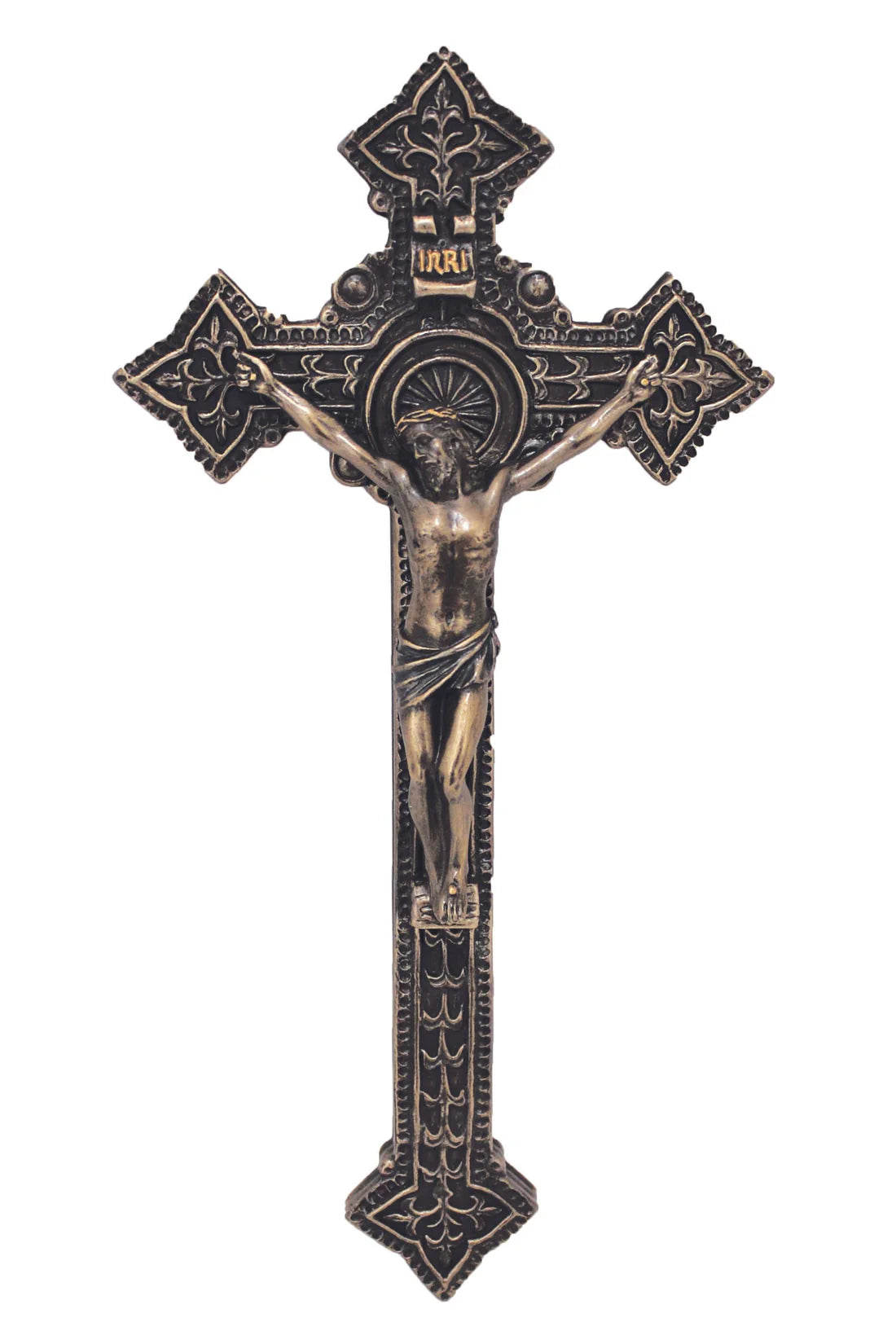Crucifix in lightly hand-painted cold cast bronze 9"