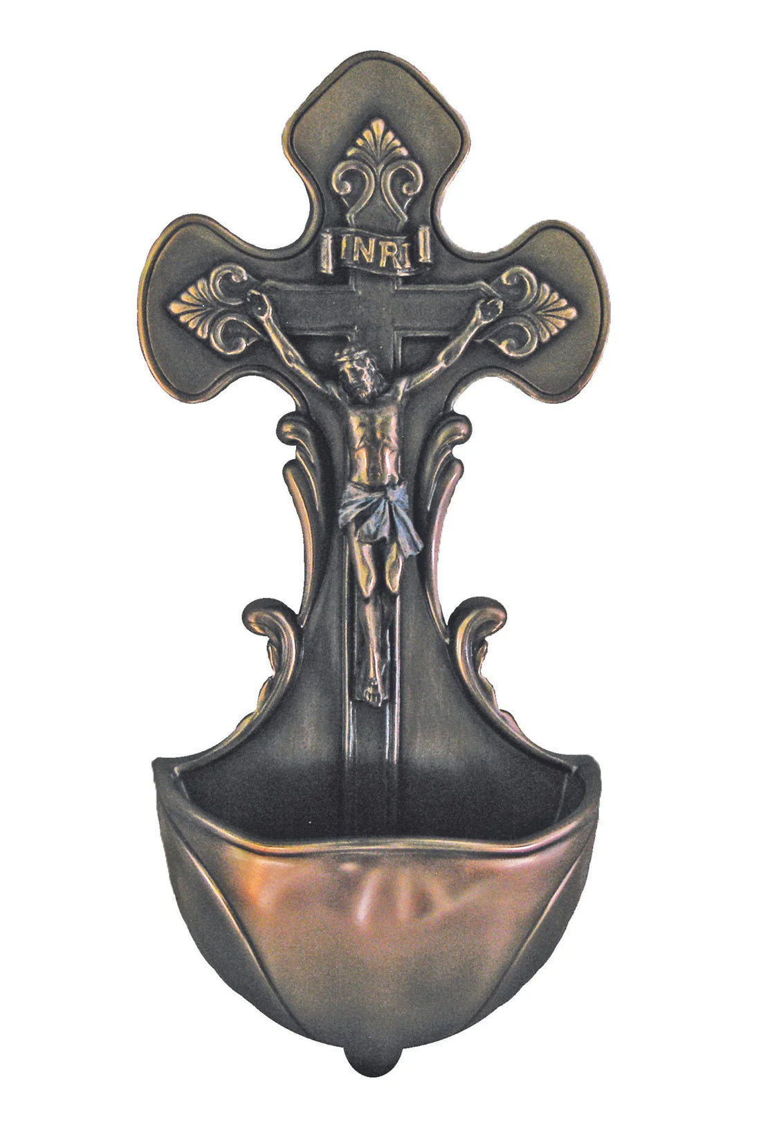 Crucifixion holy water font in lightly hand-painted cold cast bronze 7.5"