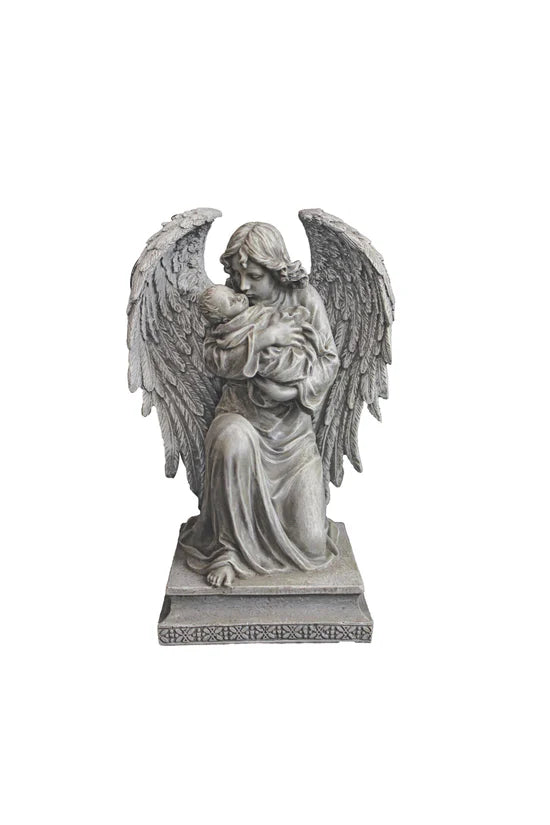 Guardian Angel with child statue in stone finish