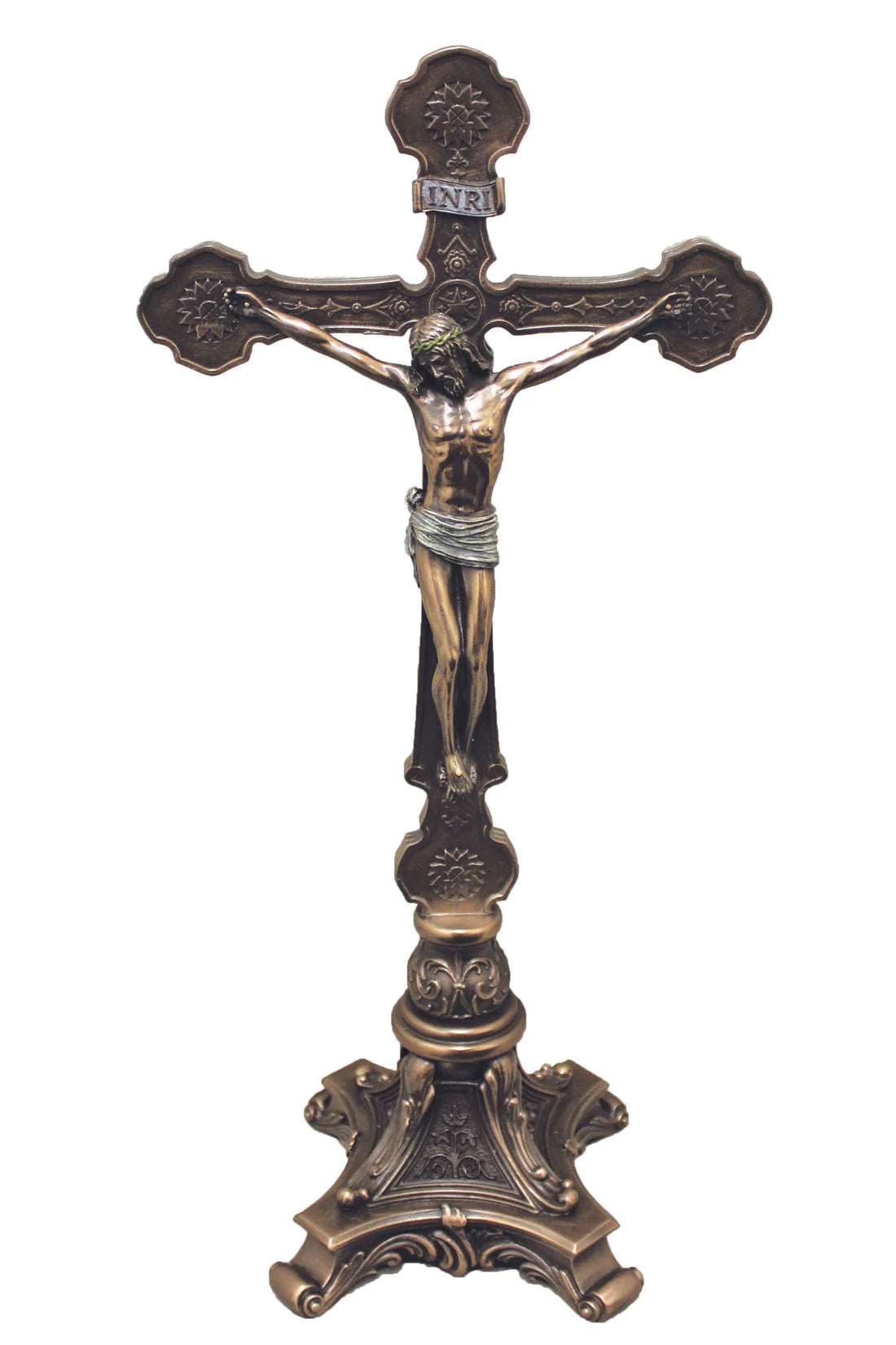 Ornate Standing Crucifix in lightly hand-painted cold cast bronze 13"