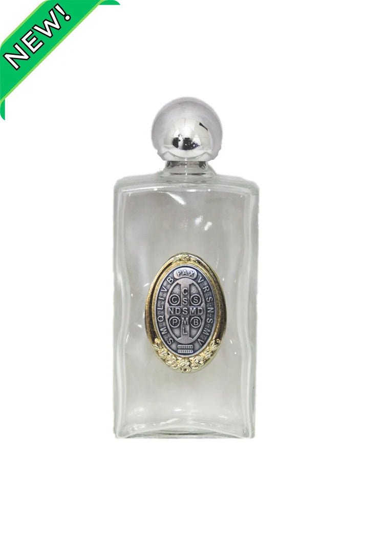 St. Benedict glass holy water bottle with double sided medal