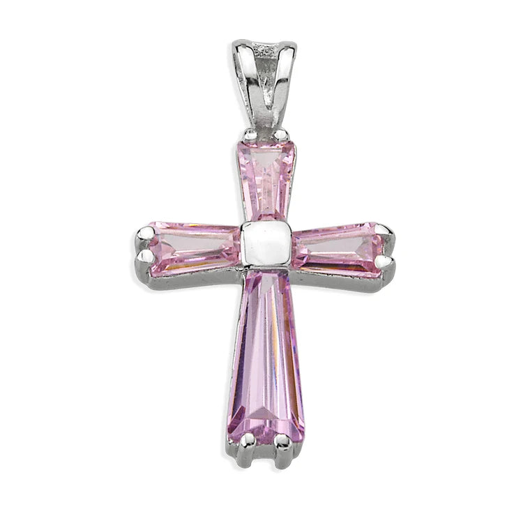 Sterling Silver Pink Cubic Zirconia Cross Necklace