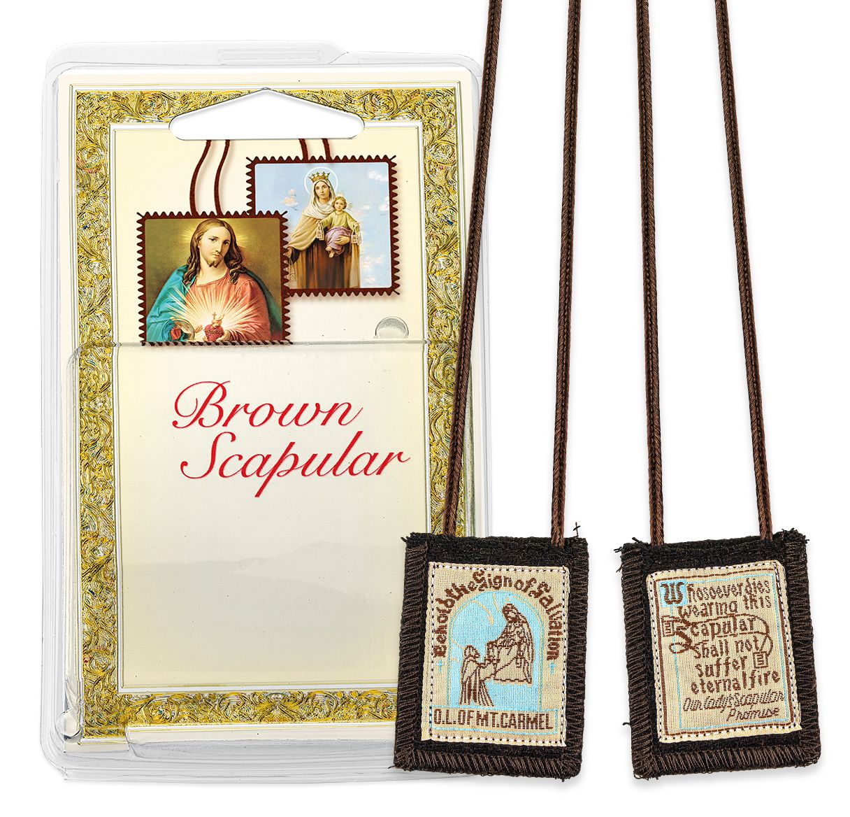 1 3/4" x 2" Our Lady of Mount Carmel Genuine Brown Wool Scapular in Deluxe Packaging.